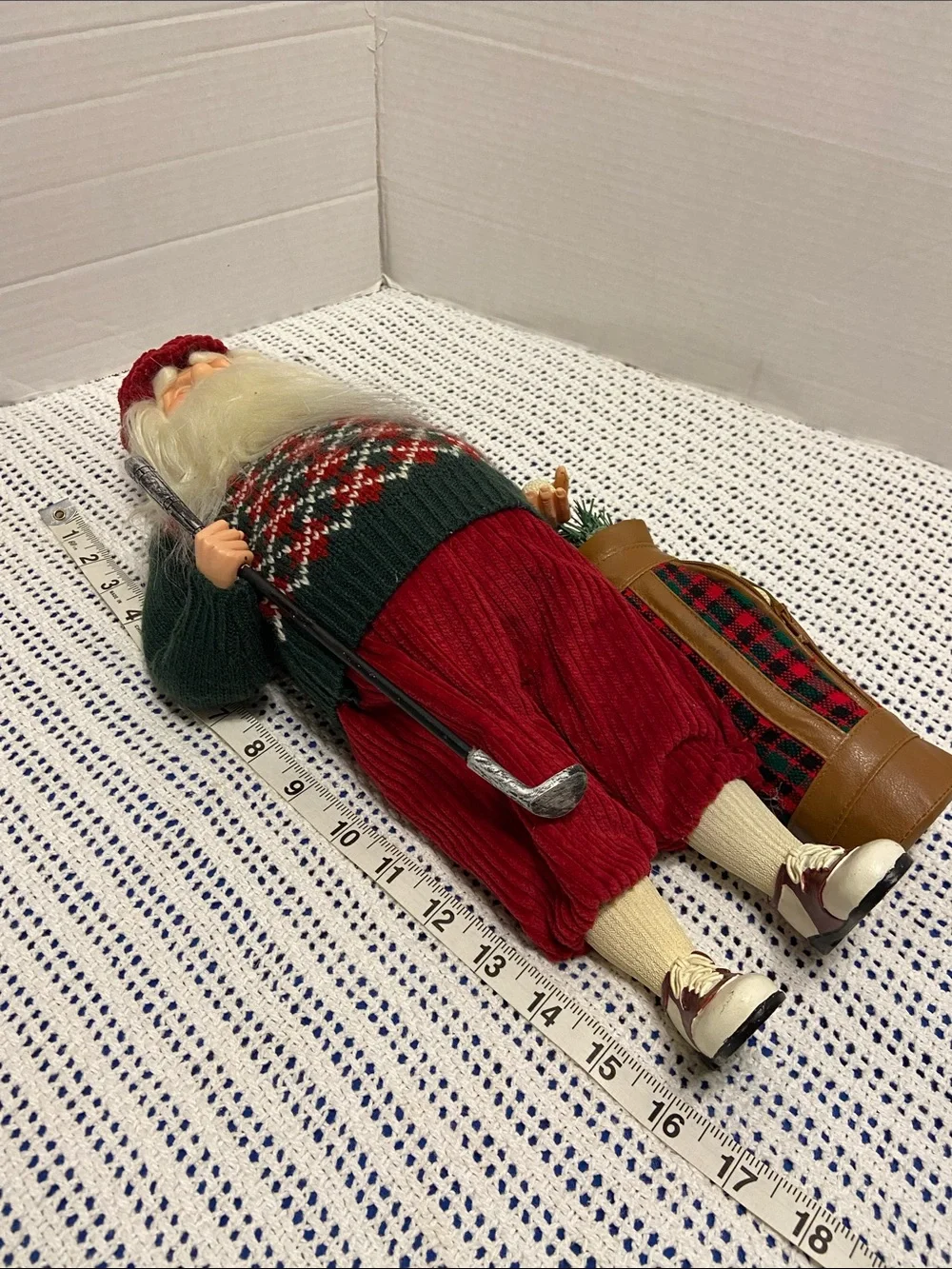 Santa Golf Figurine Red Corduroy Pants & Hat Argyle Sweater Golf Club Bag & Ball